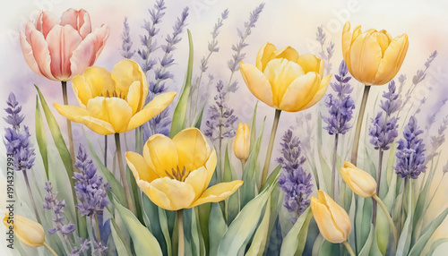 Vibrant garden flowers in soft pastel tones, tulips and lavender in a watercolor style
