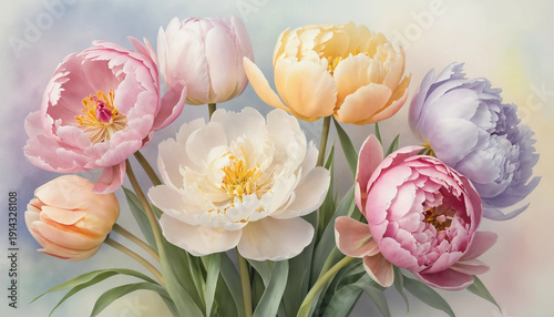 Watercolor painting, bouquet of gentle pastel flowers, artistic floral arrangement, soft colors
