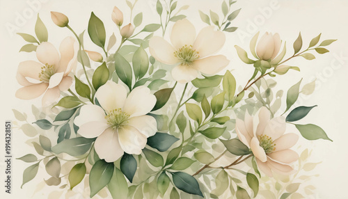 Watercolor painting of delicate pastel flowers with small green leaves
