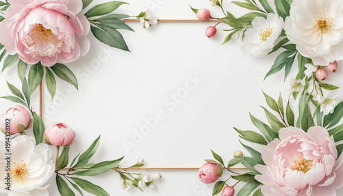 Watercolor flower frame with peonies, soft spring design, copy space