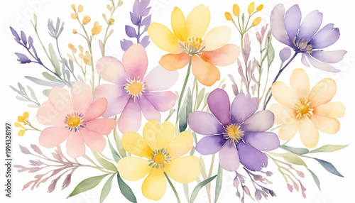 Watercolor illustration: wildflowers in delicate pastel shades of pink, yellow, and lavender on a clean white background