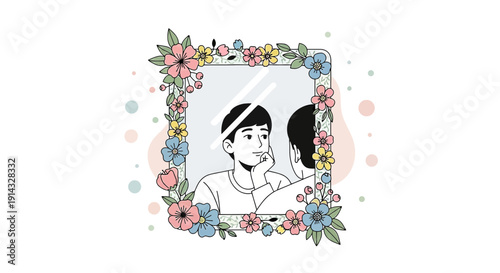 Young Man Reflecting in Floral Mirror, Self-Discovery, Inner Thoughts, Contemplation