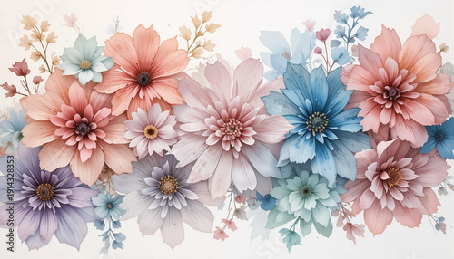  Minimalist watercolor floral illustration: soft horizontal border with transparent pastel petals on a white background.