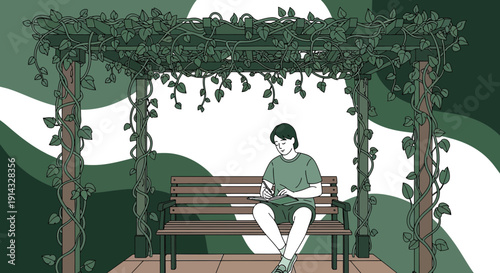 Young man sketching on bench under green vine pergola, creative inspiration outdoors