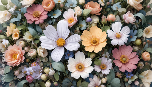 Spring wildflowers with soft leaves and gentle watercolor hues