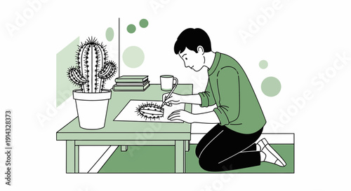 Young Artist Drawing Cactus Plant at Desk - Creative Hobby