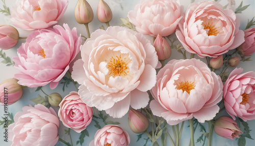 Delicate peonies in watercolor composition with pastel tones and floral background