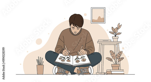 Young Artist Sketching Flowers in a Notebook, Creative Hobby, Peaceful Home Studio