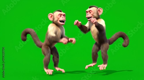 Two animated monkeys interacting happily on green screen background perfect for compositing and special effects