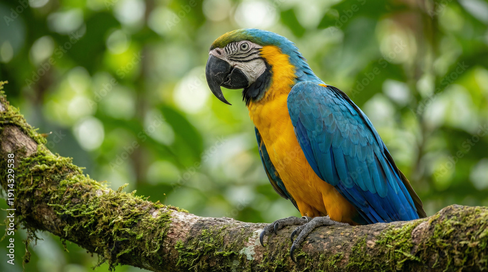Fototapeta premium Vibrant Blue and Yellow Macaw Parrot Perched in Tropical Rainforest – AI Generated Wildlife