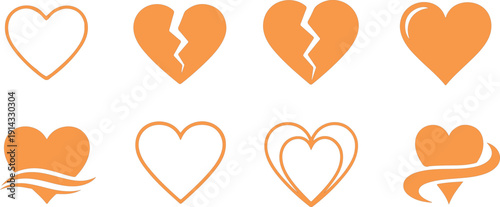 A collection of hearts in various shapes and conditions, including broken and whole ones.