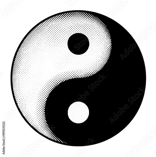 Halftone yin yang icon vector, black and white modern dot pattern silhouette for balance concept