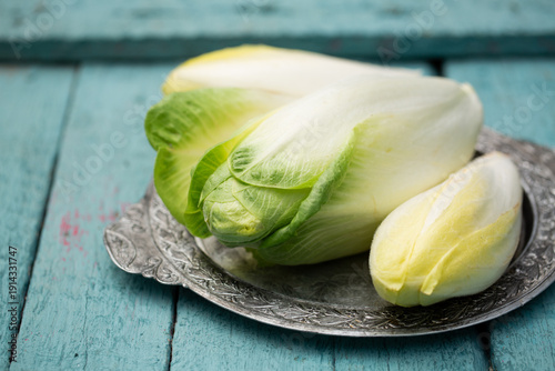 Vászonkép Fresh Belgian endive on vintage metal plate rustic wooden background