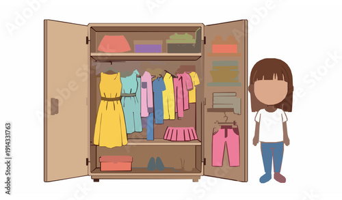 Young girl with wardrobe full of clothing items vector dress up fashion collection for kids isolated on white background