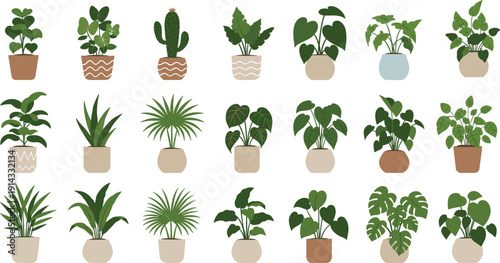 Set of modern indoor plants in decorative pots, featuring various types of greenery, houseplants, cacti, and tropical plants for home decor and interior design, isolated on white background
