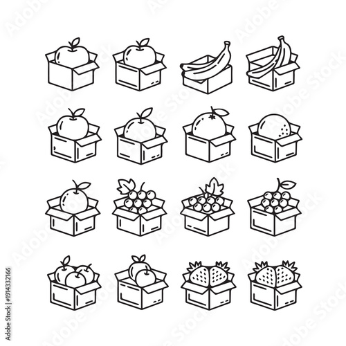 Assorted Fruits in Boxes Icons, Line Art Collection
