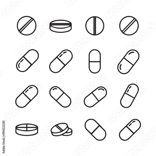 Assorted Pill and Capsule Icons Set, Medical Pharmaceutical Line Art