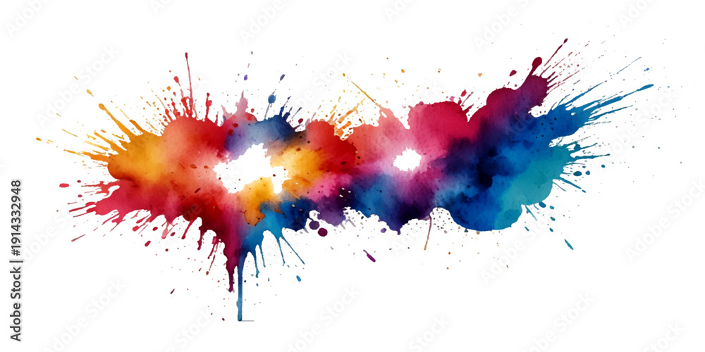 Fototapeta premium Wide multicolor ink splash composition with flowing watercolor burst and vibrant paint spread isolated on white