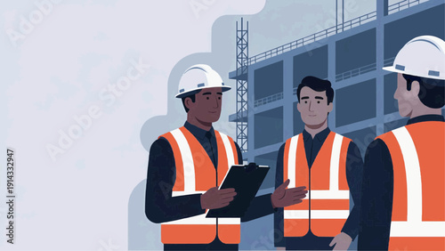 Construction workers discuss plans on a building site with a cityscape