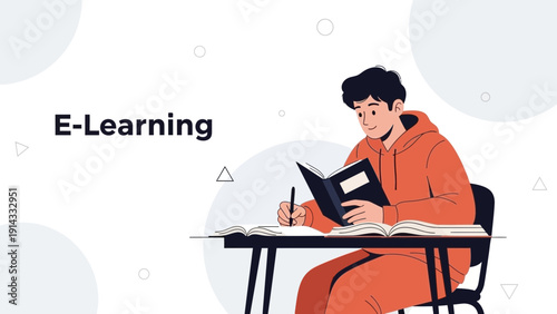 Young man studying online, writing notes, e-learning concept illustration