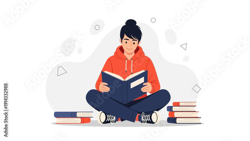 Young man reading a book, sitting cross-legged among stacks of books