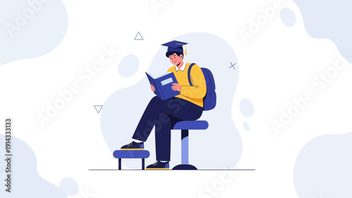 Student Reading Book with Graduation Cap and Backpack, Education Concept