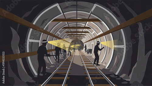 People walk through tunnel with train tracks and lights