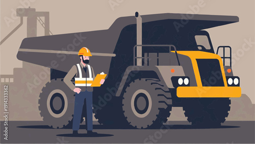 A worker stands beside a large mining dump truck at an industrial site.