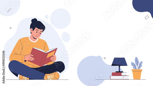 Young Man Reading Book Sitting Cross-legged, Cozy Home Study Illustration