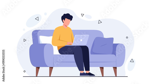 Man working on laptop on sofa, remote work, modern lifestyle