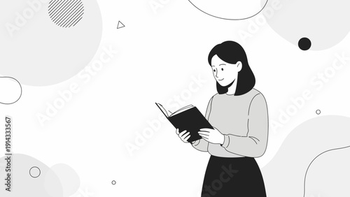 Young Woman Reading Book with Abstract Geometric Shapes Background, Minimalist Style