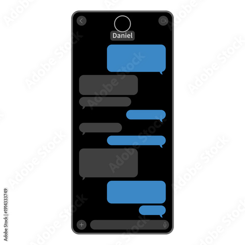Classic smartphone chat window in dark mode. Modern messenger text template. Phone screen isolated on white. Contact conversation screen. Vector illustration
