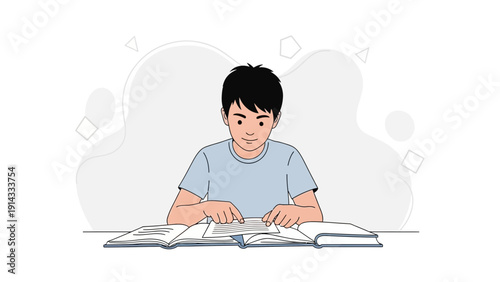 Young boy focused on studying books and notes, modern illustration