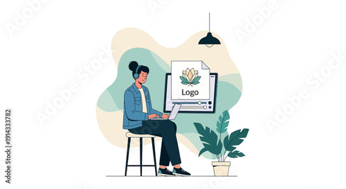 Woman working on laptop with logo design on screen, graphic design concept