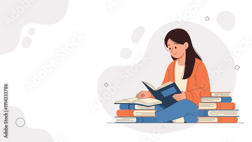 Young Woman Reading Book Surrounded by Stacked Books, Education Concept