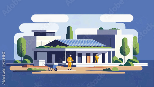 A person walks towards a modern house with a green roof in a suburban landscape.