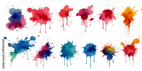 Collection of colorful abstract watercolor splashes and ink blot splatters showing grunge drops, stains, and blobs on white with dynamic artistic flow and texture