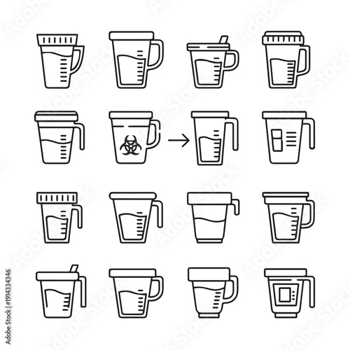 Collection Cups Icons with Biohazard Symbol and Measurement Lines - Stock Media
