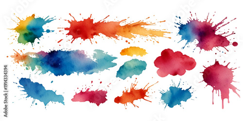 Collection of colorful abstract watercolor splashes and ink blot splatters showing grunge drops, stains, and blobs on white with dynamic artistic flow and texture