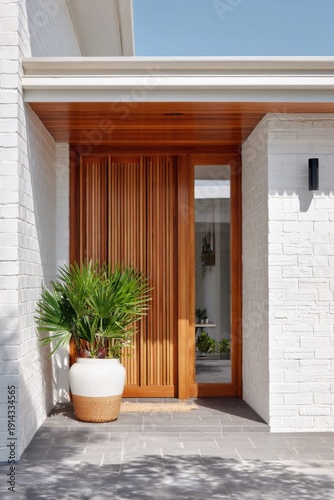 The entrance features a beautifully crafted wooden door alongside a lush plant, set against a striking white brick wall, all basking in the warmth of a sunny day.