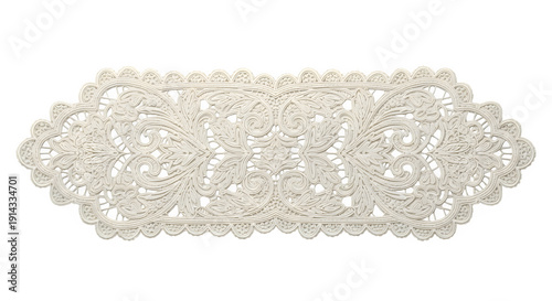 Elegant white crocheted lace doily table runner isolated on transparent background