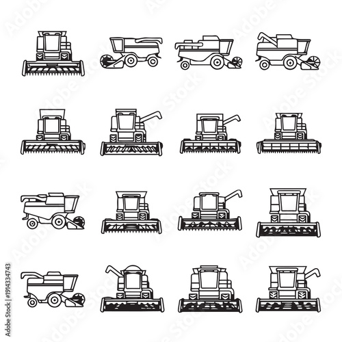 Collection of Combine Harvester Icons, Agricultural Machinery Line Art