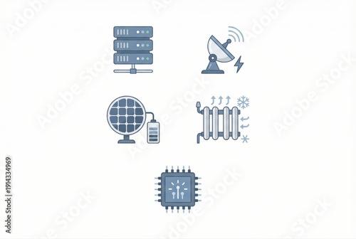Visual Representation of Modern Energy Technologies Including Data Server Structure, Satellite Communication, Solar Energy Management, Thermal Energy Transfer Systems and Microprocessor Designs