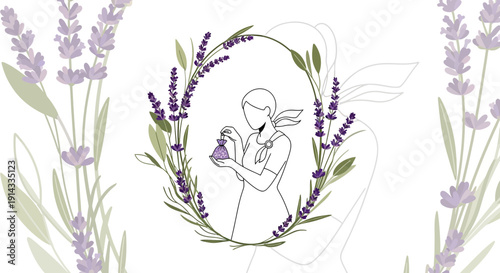 Woman with Lavender Perfume Bottle in Floral Wreath