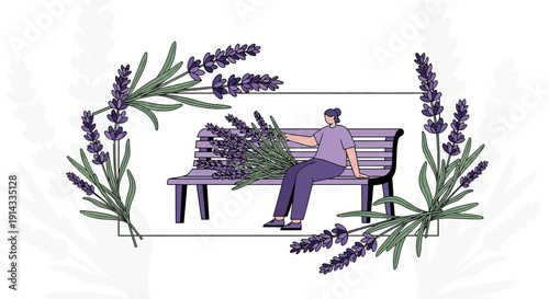 Woman with Lavender Bouquet on Bench, Floral Frame, Provence Inspired