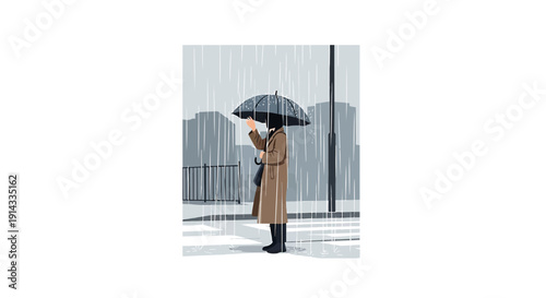 Woman with Umbrella Walking in City Rain