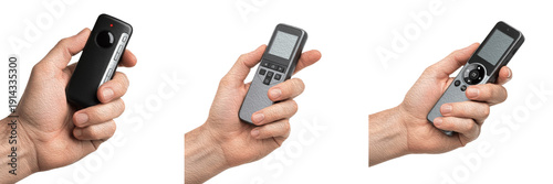 Photos Set and collection of hand holding digital voice recorder in different poses iso