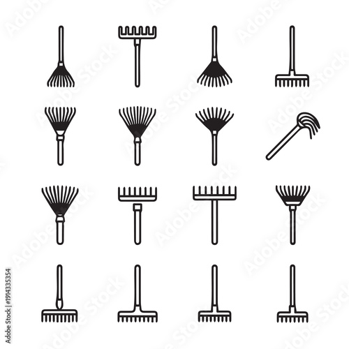 Collection of Garden Rake Icons and Symbols for Outdoor Maintenance Tasks