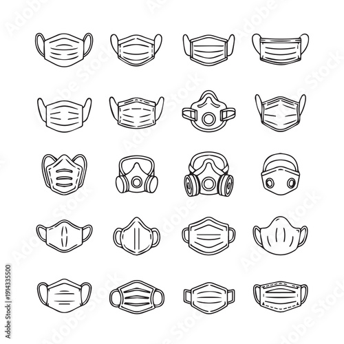 Collection of Hand Drawn Face Masks and Respirators Icons