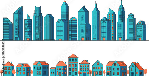 Modern city skyline and suburban houses illustration, urban and residential buildings, architectural cityscape, real estate development design, vector buildings collection, colorful building icons